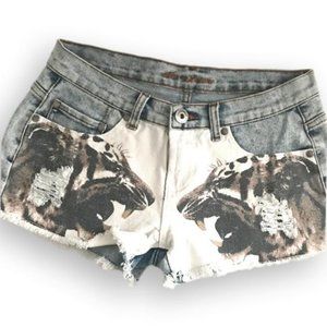 Sexy Cat Tiger Face Cut Off Ripped Denim Shorts M